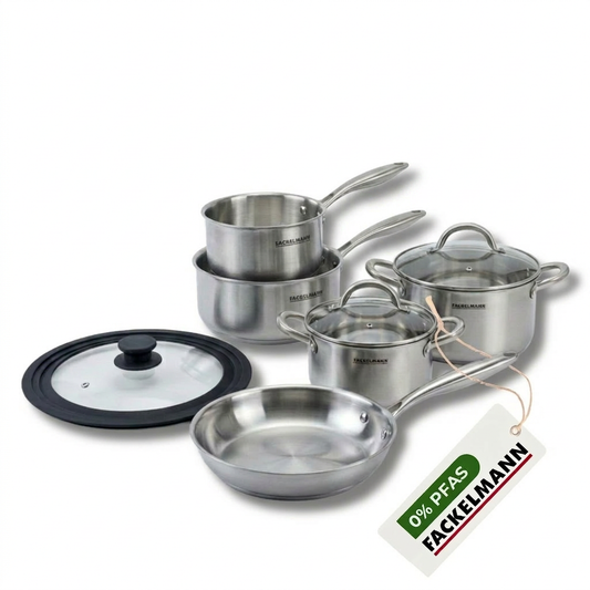 Poêle à Frire 28 cm, Casseroles 14 et 18 cm, Faitouts 20 24 cm inox 18/10 Triply et couvercle Fackelmann Vita3