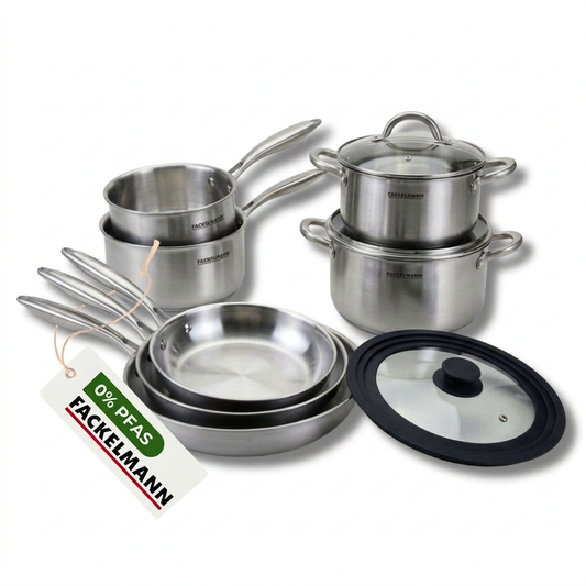 3 poêles à Frire 24 26 et 28 cm, Casseroles 14 et 18 cm, Faitouts 20 24 cm inox 18/10 Triply, Couvercle Fackelmann Vita3