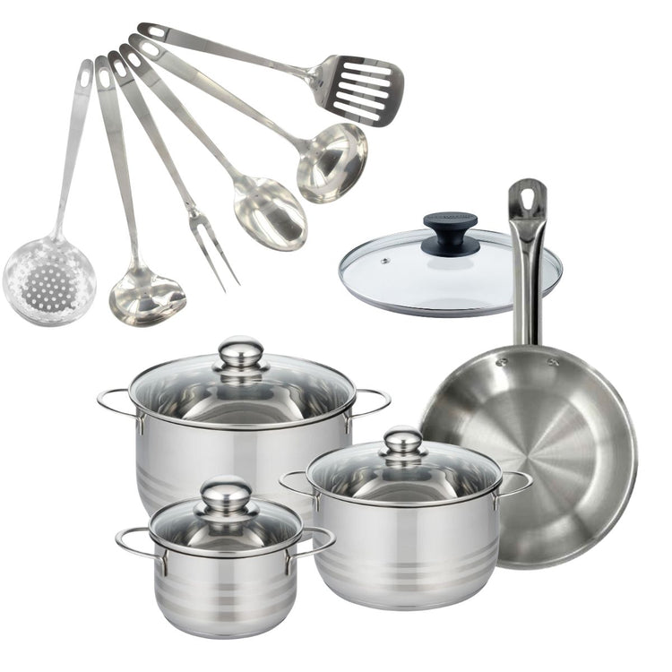 Set 1 poêle 24 cm en inox et couvercle, 3 faitouts inox 16, 20 et 24 cm et 6 ustensiles inox Fackelmann Eterna