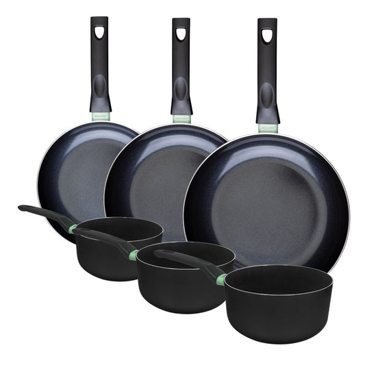 Ensemble de 3 poêles de 24, 28 et 30 cm et 3 casseroles 16, 18 et 20 cm Fackelmann Brandao