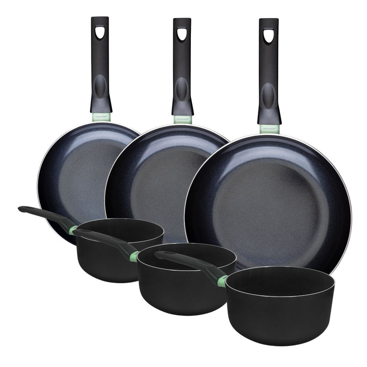 Ensemble de 3 poêles de 24, 28 et 30 cm et 3 casseroles 16, 18 et 20 cm Fackelmann Brandao
