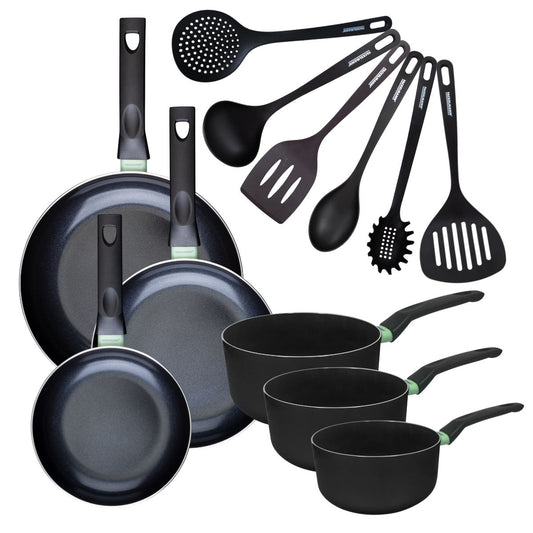 Set de 3 poêles 20 24 et 28 cm et 3 casseroles 16, 18 et 20 cm antiadhésives céramique et 6 ustensiles Fackelmann Brandao