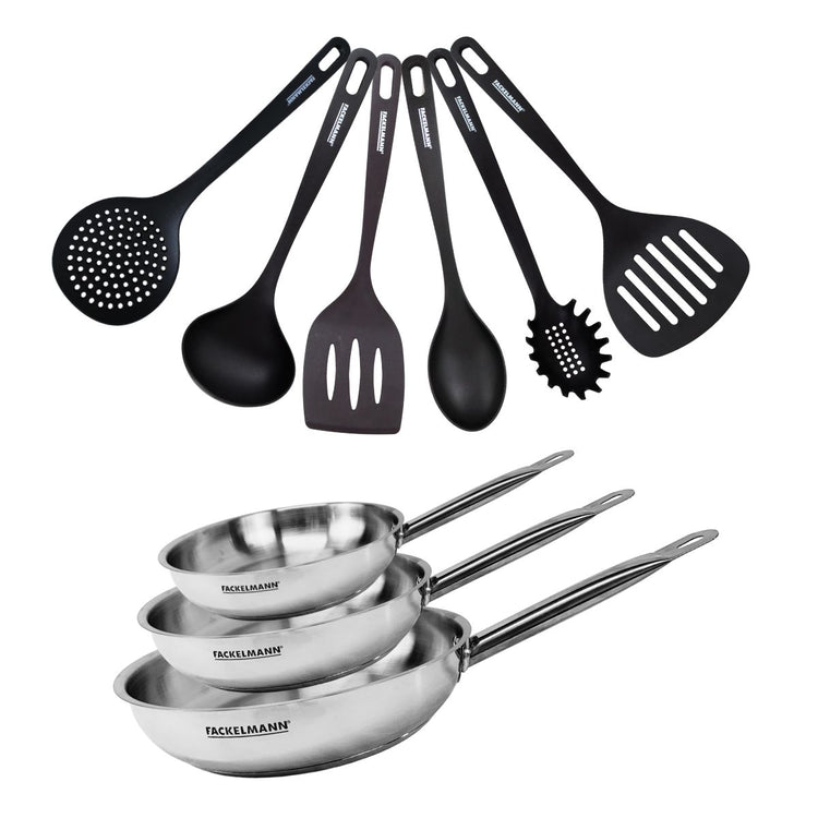 Set de 3 poêles 20 24 et 28 cm en inox et 6 ustensiles Fackelmann Eterna