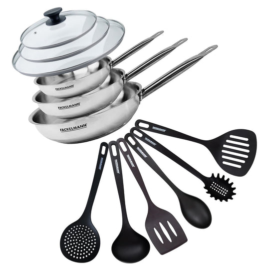 Set de 3 poêles de 20 24 et 28 cm en inox, 3 couvercles en verre et 6 ustensiles Fackelmann Eterna