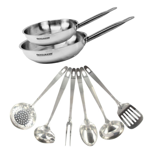 Set de 2 poêles de 24 et 28 cm en inox et 6 ustensiles inox Fackelmann Eterna