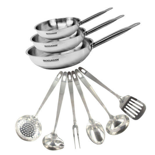 Set de 3 poêles de 20, 24 et 28 cm en inox et 6 ustensiles inox Fackelmann Eterna