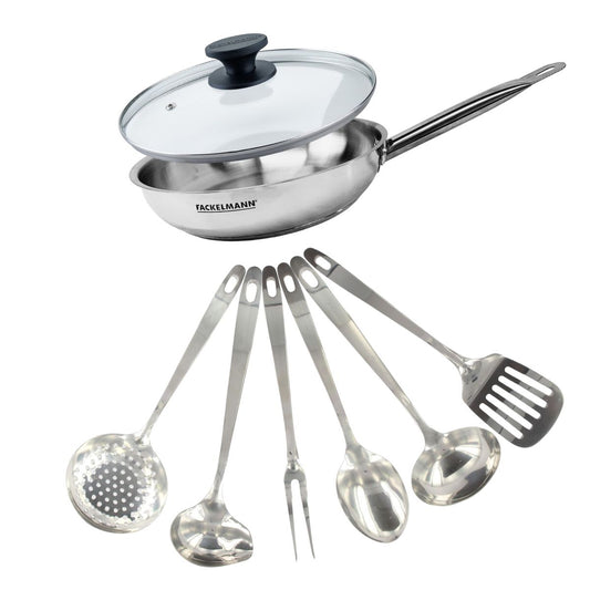 Set poêle 28 cm en inox, couvercle verre et 6 ustensiles inox Fackelmann Eterna