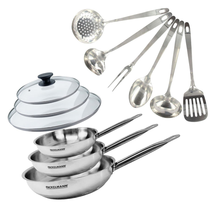 Set de 3 poêles 20, 24 et 28 cm en inox, 3 couvercles verre et 6 ustensiles inox Fackelmann Eterna