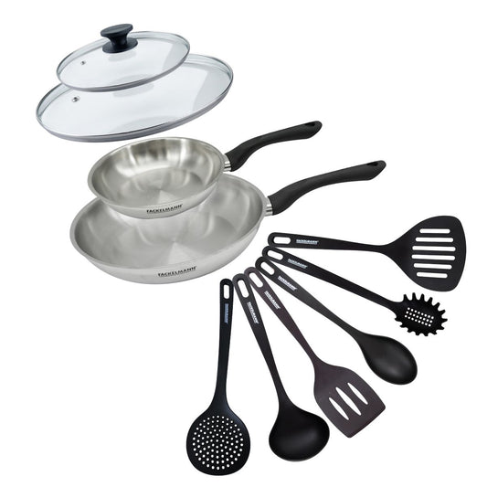 Set 2 poêles 20 et 28 cm en inox, couvercles verre et 6 ustensiles Fackelmann Geneva