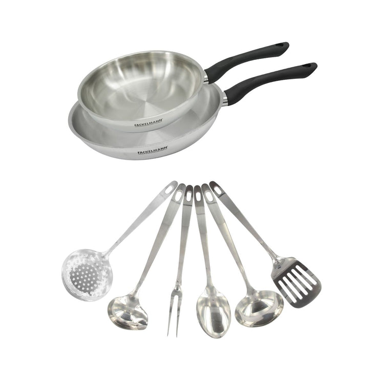 Set 2 poêles 20 et 28 cm en inox et 6 ustensiles inox Fackelmann Geneva
