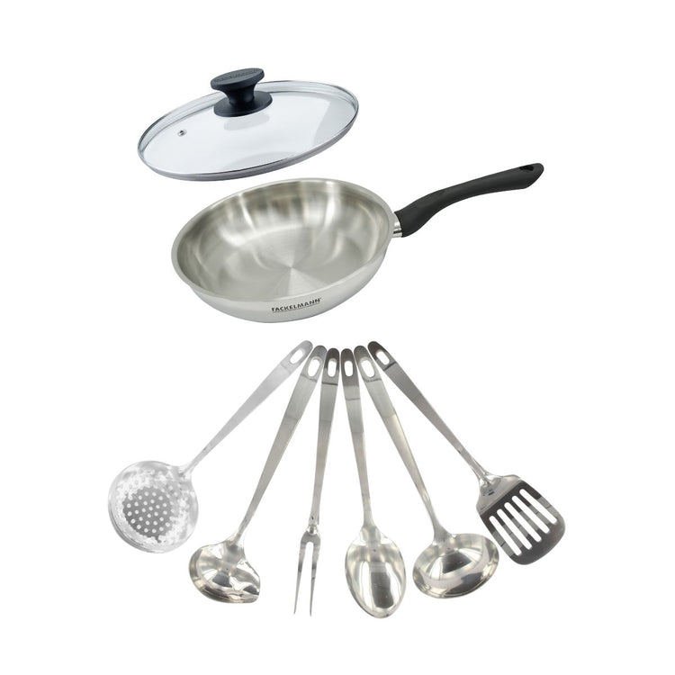 Set poêle 24 cm en inox, couvercle verre et 6 ustensiles inox Fackelmann Geneva