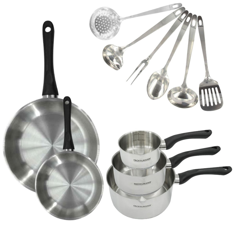 Set 2 poêles 20 et 28 cm, 3 casseroles en inox et 6 ustensiles inox Fackelmann Geneva