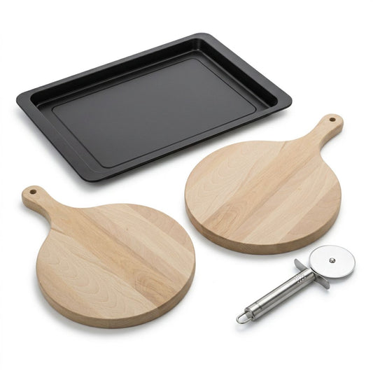 Ensemble pour pizza avec une plaque de cuisson four, 2 planches à pizza rondes et une roulette à pizza Fackelmann