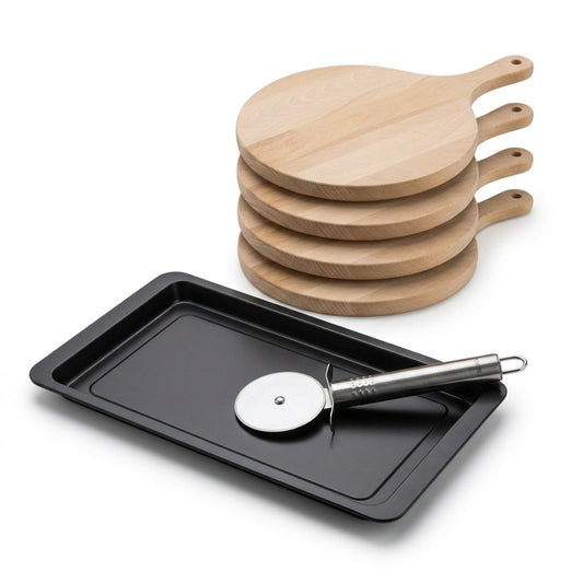 Ensemble pour pizza avec une plaque de cuisson four, 4 planches à pizza rondes et une roulette à pizza Fackelmann