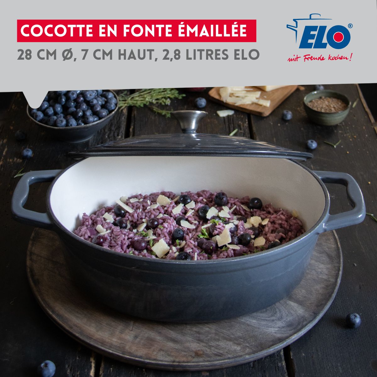 Cocotte en fonte émaillée basse gris classique 28 cm 3L Elo