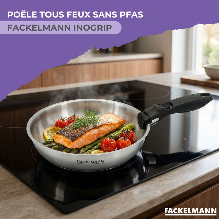 Poêle de cuisson 20 cm en inox et manche amovible Fackelmann InoGrip avec accessoires