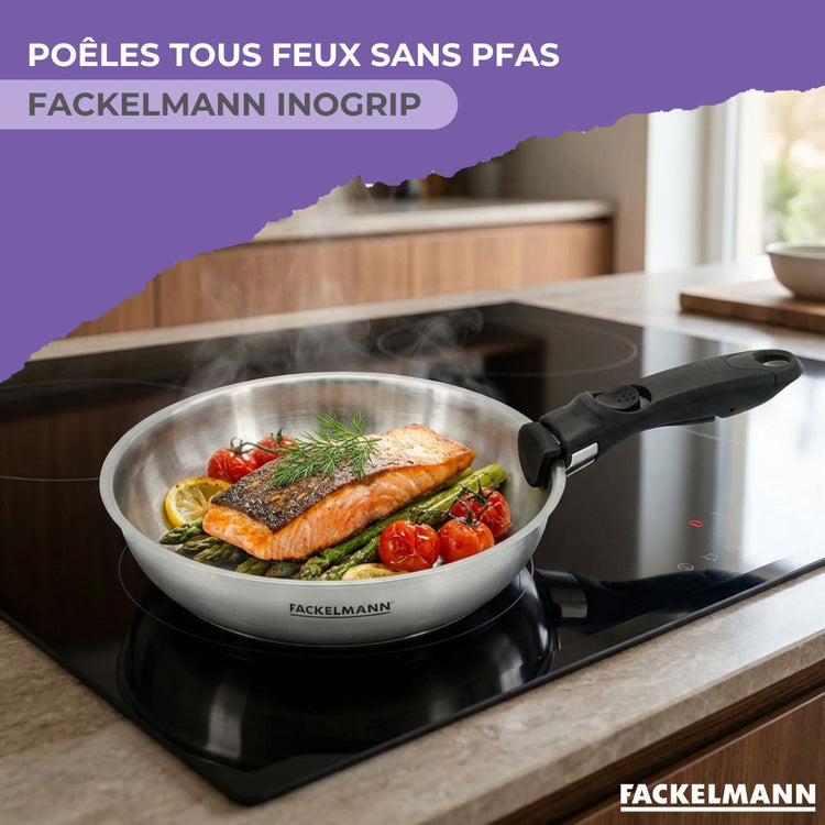 Lot de 2 poêles en inox de 20 cm et 28 cm avec manche amovible Fackelmann InoGrip