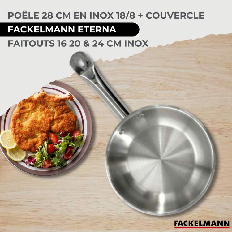 Batterie de cuisine avec 3 faitouts 16/20/24 cm et 1 poêle 28 cm avec 6 ustensiles de cuisine Fackelmann Etherna Brillant Fenix Océan avec couvercles