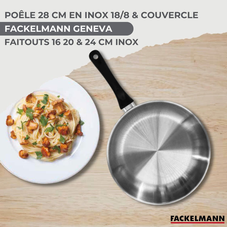 Batterie de cuisine avec 3 faitouts 16/20/24 cm et 1 poêle 28 cm avec 6 ustensiles de cuisine Fackelmann Généva Brillant Ocean avec couvercles