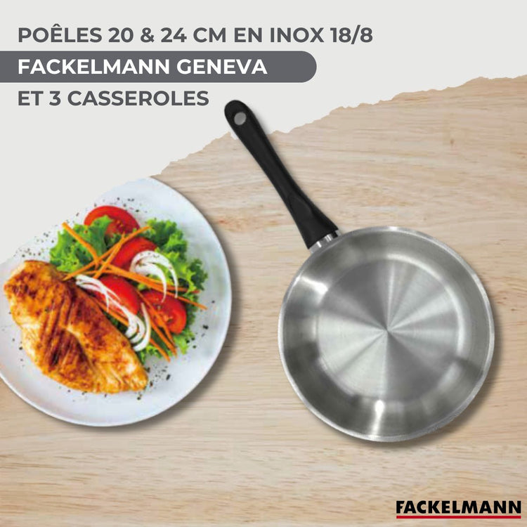 Batterie de cuisine avec 3 casseroles 12/16/20 cm et 2 poêles 20/24 cm avec 5 ustensiles de cuisine Fackelmann Généva Océan
