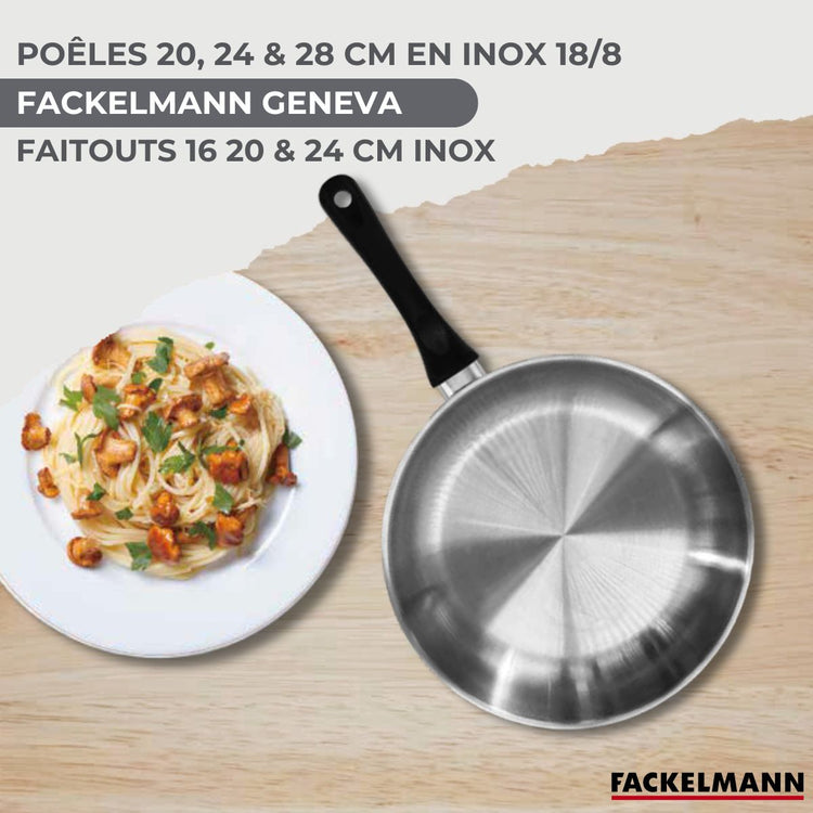 Batterie de cuisine avec 3 faitouts 16/20/24 cm et 3 poêles 20/24/28 cm et 8 ustensiles de cuisine Fackelmann Généva Brillant Clip avec couvercles