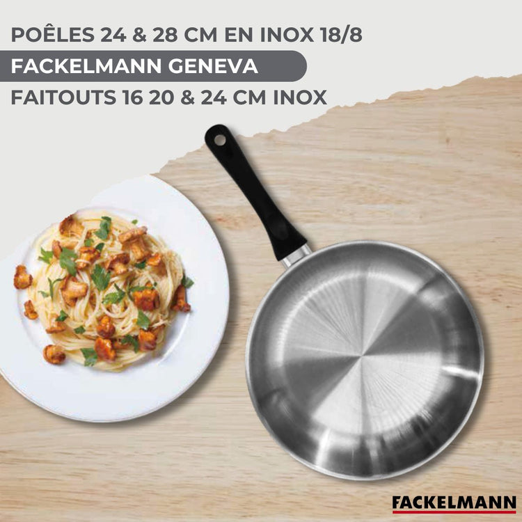 Lot 3 Poêles Inox 20/24/28cm  Fackelmann Geneva & 3 Faitouts 16/20/24cm avec 5 Ustensiles Fackelmann