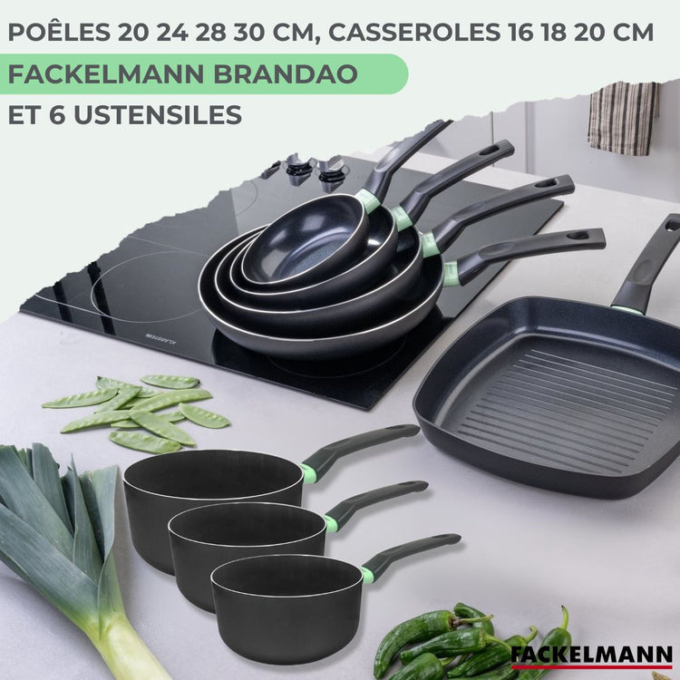 Lot de 4 poêles 20/24/28/30 cm et 3 casseroles 16/18/20 cm Fackelmann Brandao avec 5 ustensiles de cuisine