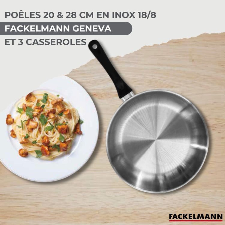 Batterie de cuisine avec 3 casseroles 12/16/20 cm et 2 poêles 20/28 cm et 5 ustensiles de cuisine Fackelmann Généva Vario