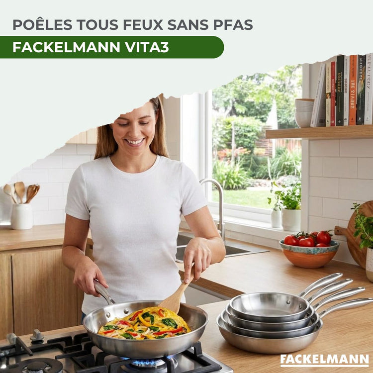 Set de 2 poêles de cuisson 20/24 cm en acier inoxydable avec 1 couvercle Fackelmann Vita3