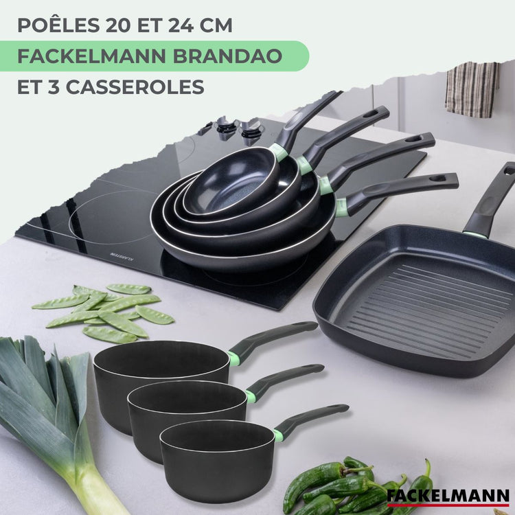 Ensemble de 2 poêles de 20 et 24 cm et 3 casseroles 16, 18 et 20 cm Fackelmann Brandao