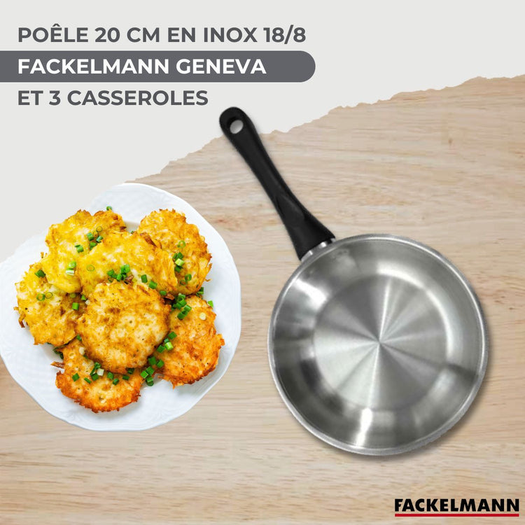 Set 1 poêle 20 cm 3 casseroles 12 16 et 20 cm en inox et 6 ustensiles Fackelmann Geneva