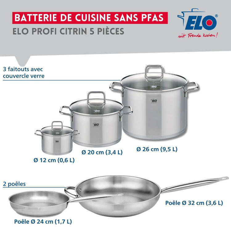 Ensemble de 2 Poêles de cuisson 24 et 32 cm et 3 faitouts 12, 20 et 26 cm Elo Profi Citrin