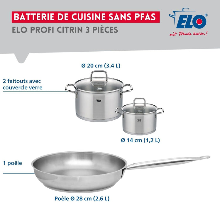 Ensemble de 1 Poêle de cuisson 28 cm et 2 faitouts 14 et 20 cm Elo Profi Citrin