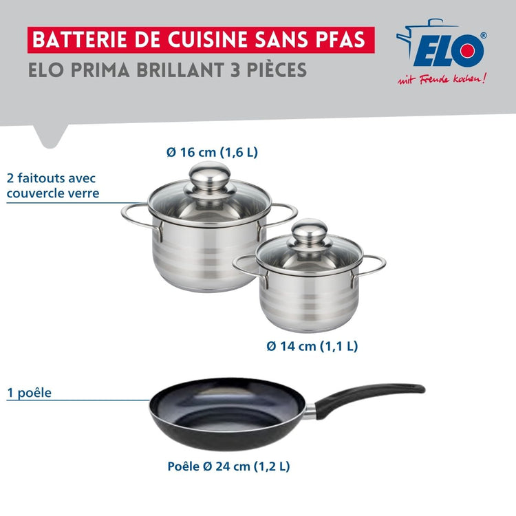 Ensemble de 1 Poêle de cuisson 24 cm et 2 faitouts 14 et 16 cm Elo Prima Brillant