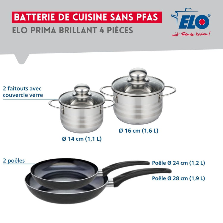 Ensemble de 2 Poêles de cuisson 24 et 28 cm et 2 faitouts 14 et 16 cm Elo Prima Brillant
