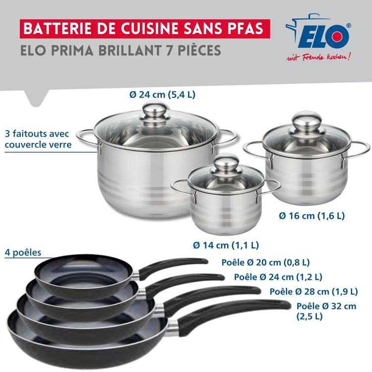 Ensemble de 4 Poêles de cuisson 20, 24, 28 et 32 cm et 3 faitouts 14, 16 et 24 cm Elo Prima Brillant