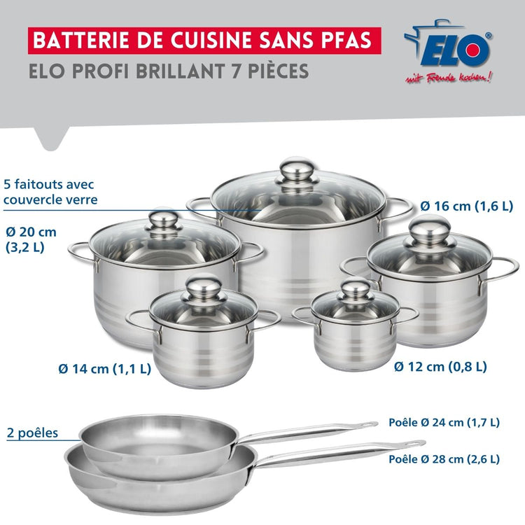 Ensemble de 2 Poêles de cuisson 24 et 28 cm et 5 faitouts 12, 14, 16, 20 et 24 cm Elo Profi Brillant
