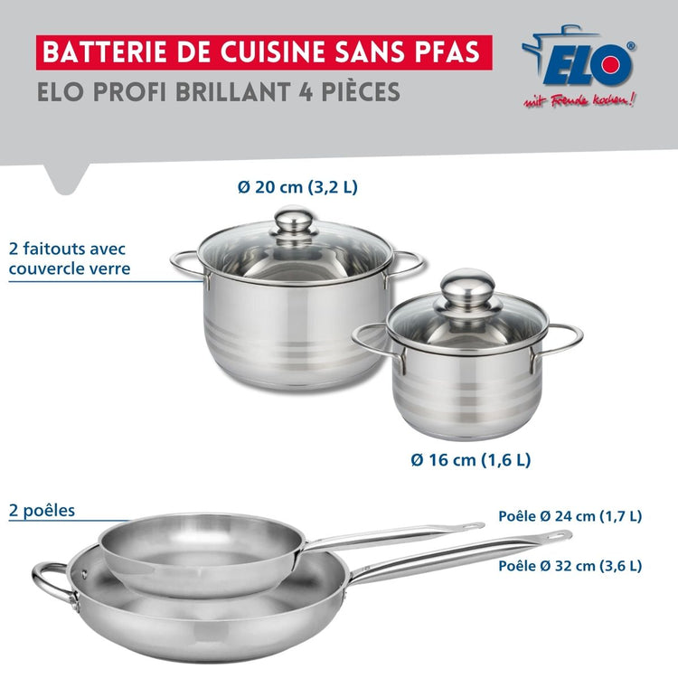 Ensemble de 2 Poêles de cuisson 24 et 32 cm et 2 faitouts 16 et 20 cm Elo Profi Brillant