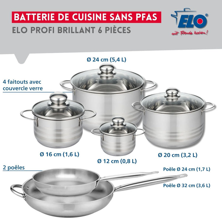 Ensemble de 2 Poêles de cuisson 24 et 32 cm et 4 faitouts 12, 16, 20 et 24 cm Elo Profi Brillant