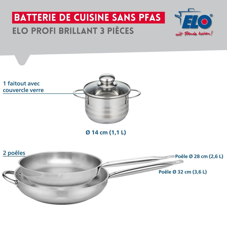 Ensemble de 2 Poêles de cuisson 28 et 32 cm et 1 faitout 14 cm Elo Profi Brillant