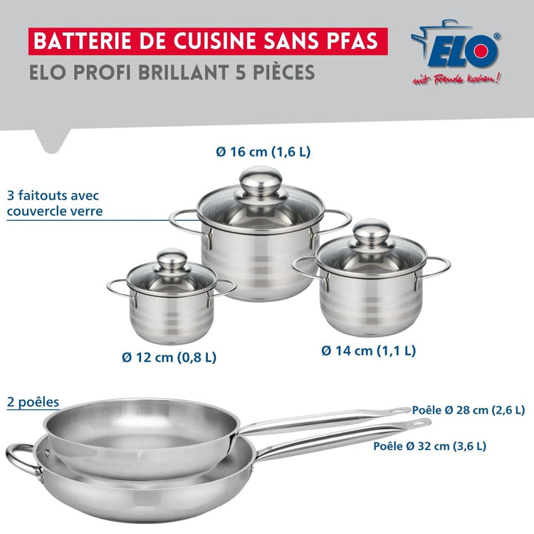 Ensemble de 2 Poêles de cuisson 28 et 32 cm et 3 faitouts 12, 14 et 16 cm Elo Profi Brillant