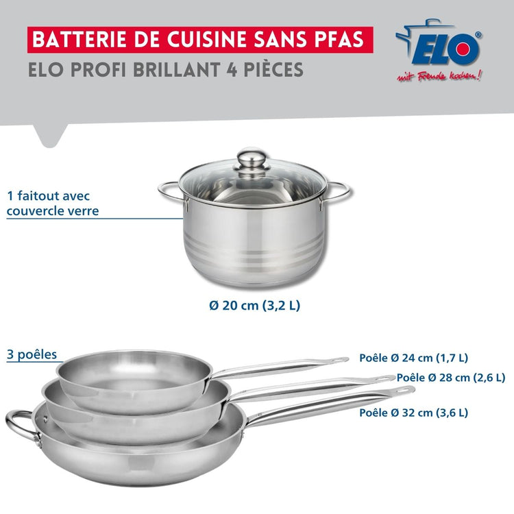 Ensemble de 3 Poêles de cuisson 24, 28 et 32 cm et 1 faitout 20 cm Elo Profi Brillant