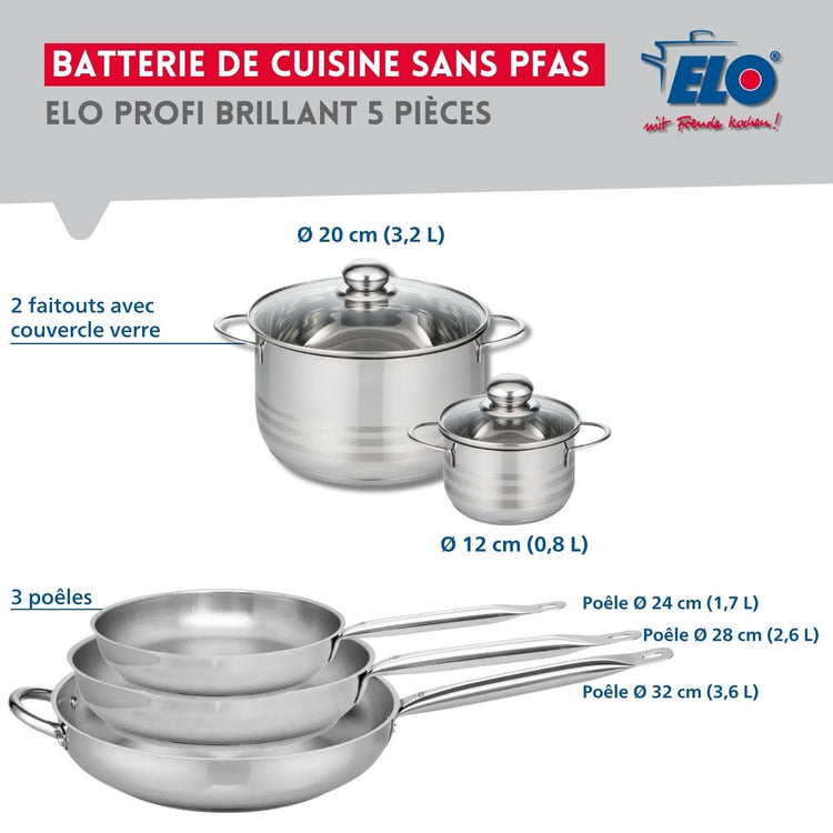 Ensemble de 3 Poêles de cuisson 24, 28 et 32 cm et 2 faitouts 12 et 20 cm Elo Profi Brillant