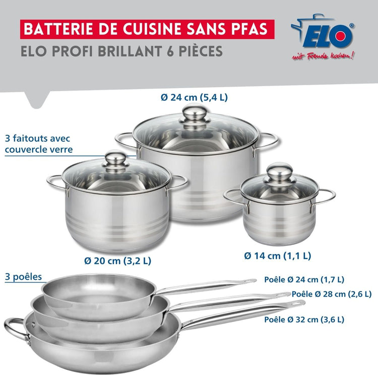 Ensemble de 3 Poêles de cuisson 24, 28 et 32 cm et 3 faitouts 14, 20 et 24 cm Elo Profi Brillant