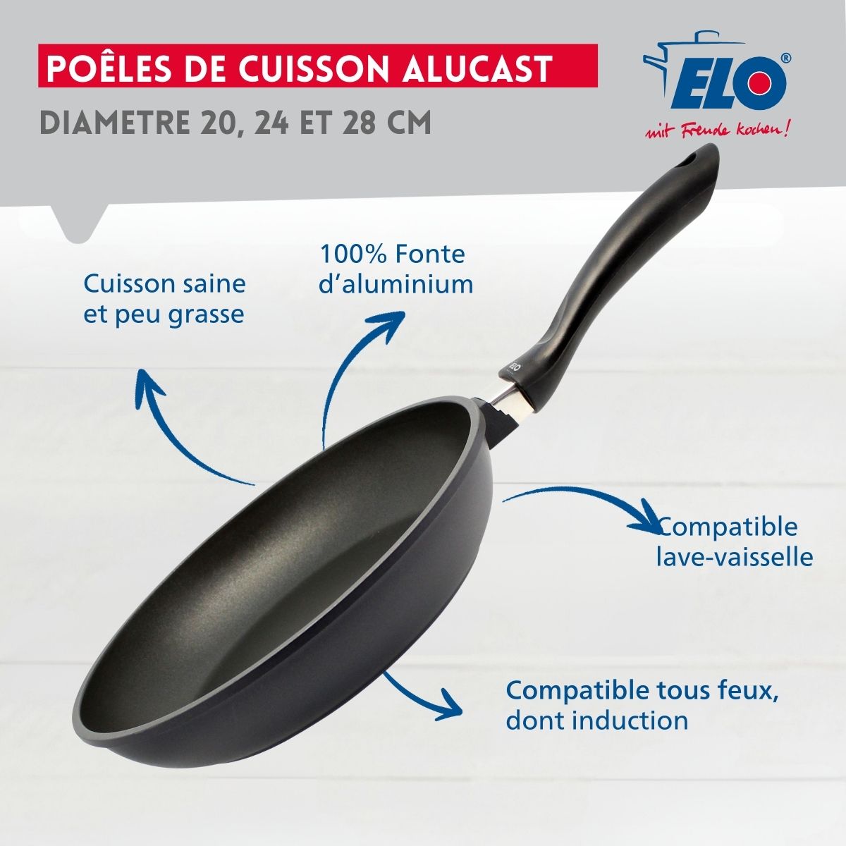 Set de 3 poêles à frire de 20 cm 24 cm et 28 cm Elo Alucast