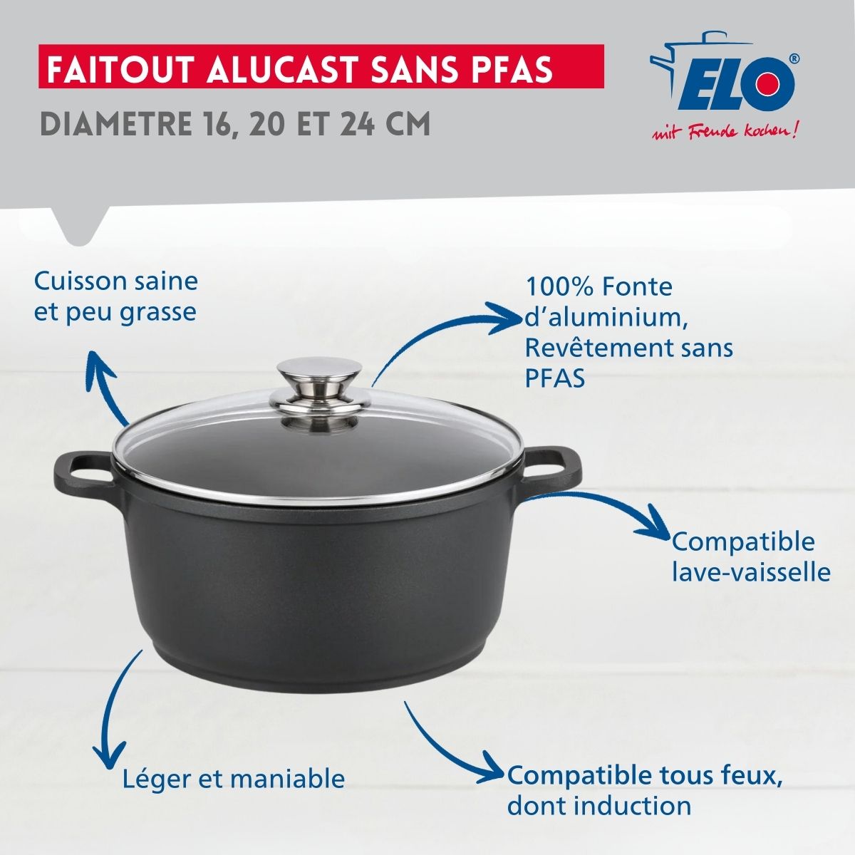 Set de 3 faitouts avec couvercles en verre 16 cm 20 cm et 24 cm Elo Alucast