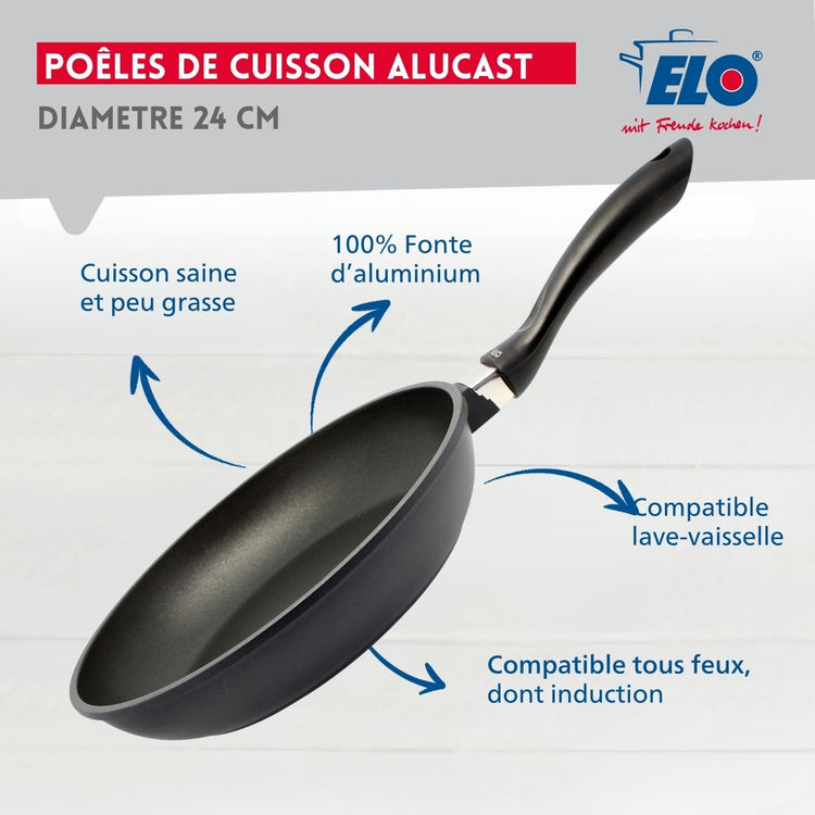 Poêle à frire en aluminium et couvercle en verre de 24 cm Elo Alucast