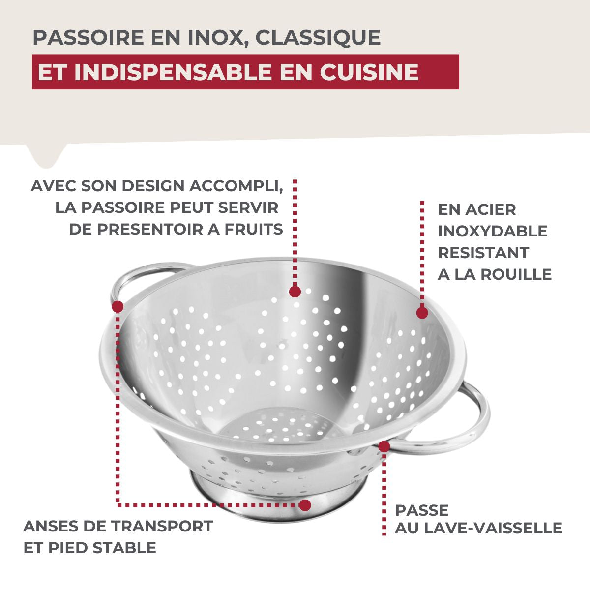 Passoire inox 24 cm avec anses Fackelmann
