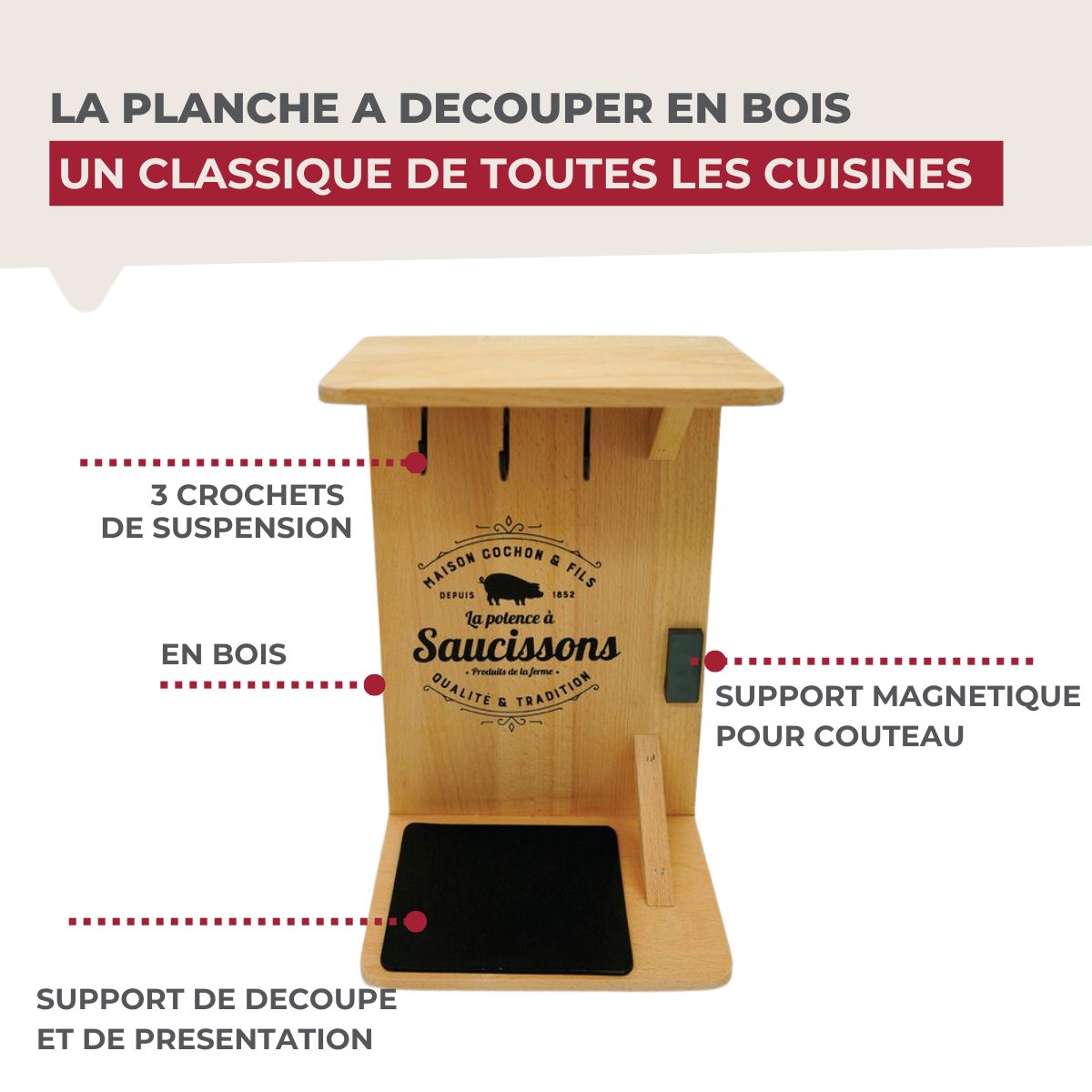Support en bois pour saucisson sec avec crochets Fackelmann