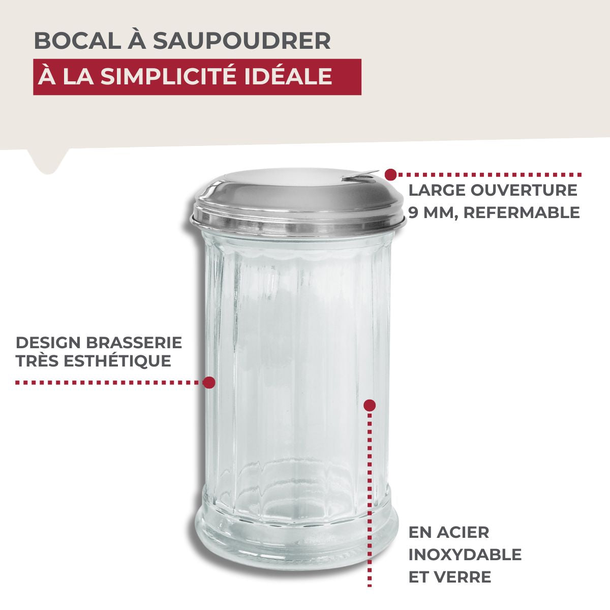 Saupoudreuse en verre et couvercle inox 14 cm Fackelmann Basic